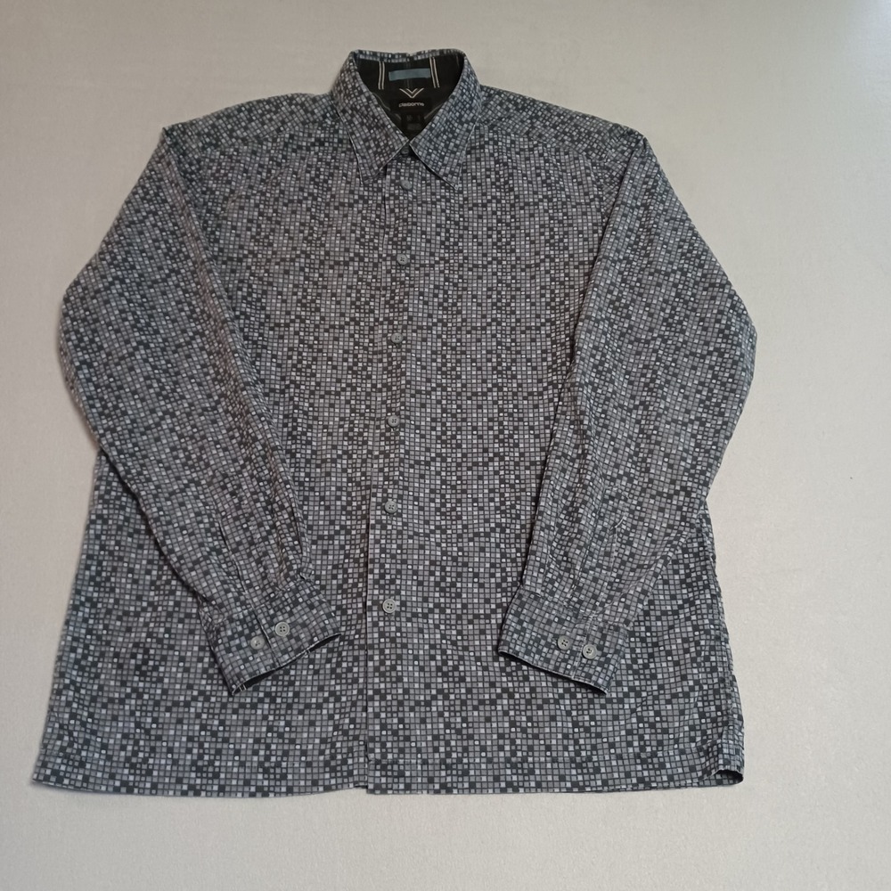 Claiborne Mens Long Sleeve Button Down Shirt Black Grey Geometric Print Large